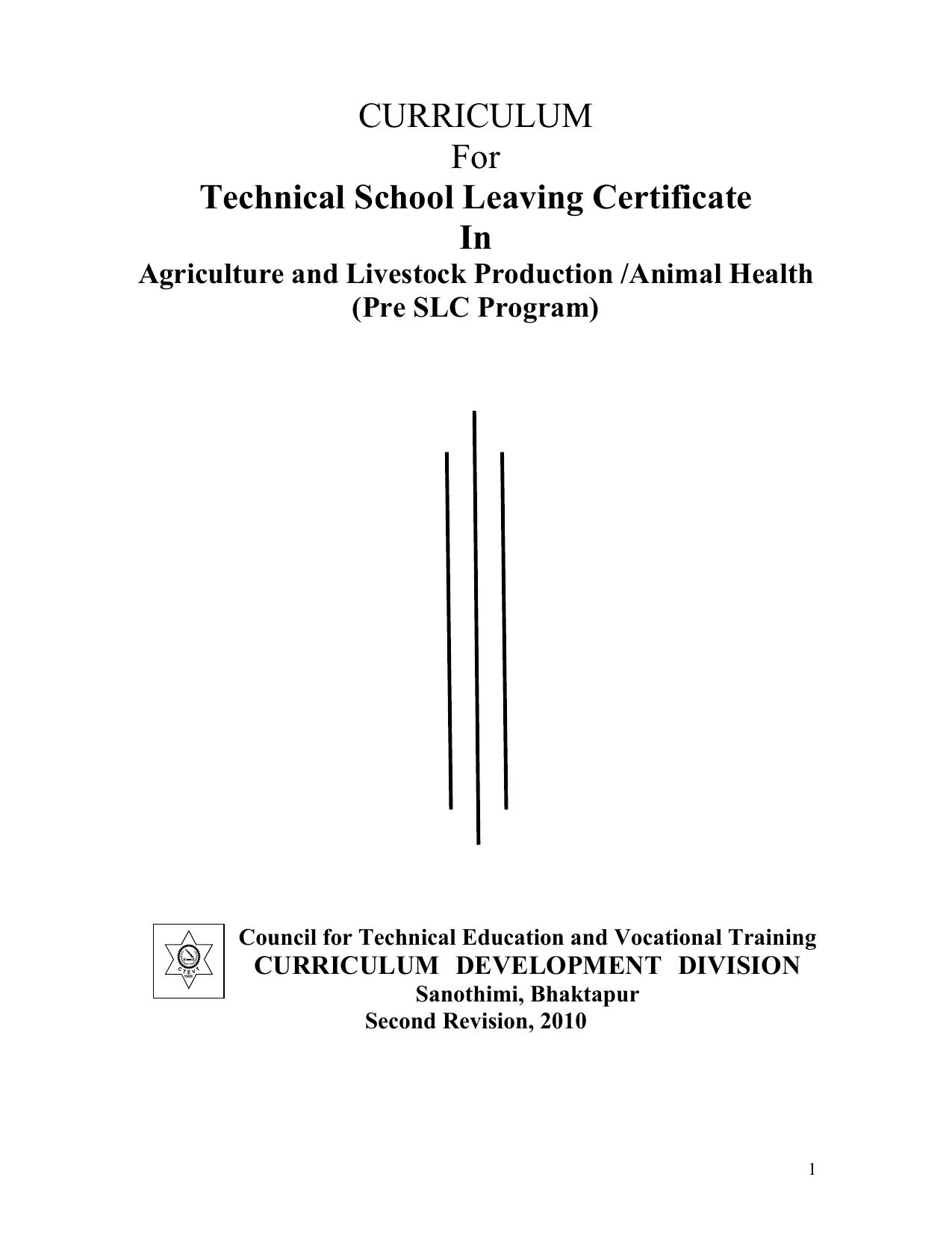 TSLC in Agriculture livestock Production Animal Science 2 year Pre SLC, 2010